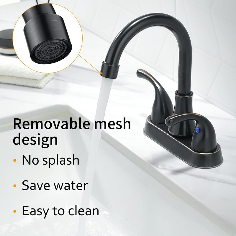 Fransiton Oil Rubbed Bronze Bathroom Sink Faucet 4 Inch Faucet 2 Handle with Pop-up Drain Stopper and Supply Hoses(Set of 2) - Image 4